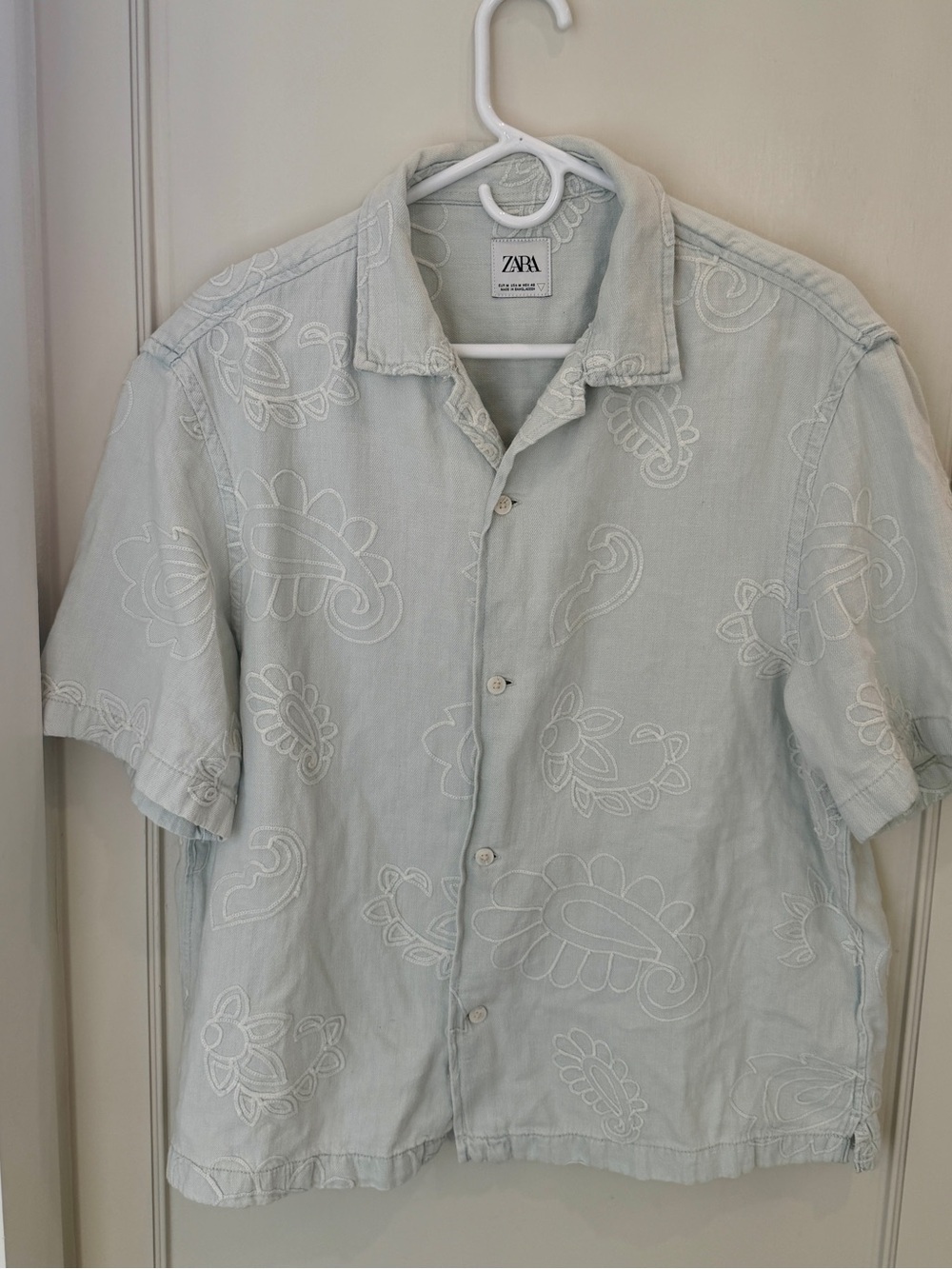 Zara Light Blue Embroidered Short-Sleeve Shirt Relaxed Boxy Fit
